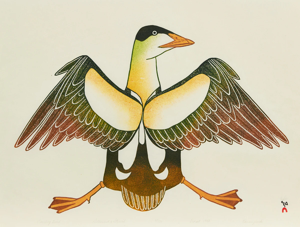 Kananginak Pootoogook, Courting Bird, stonecut and stencil, 1988