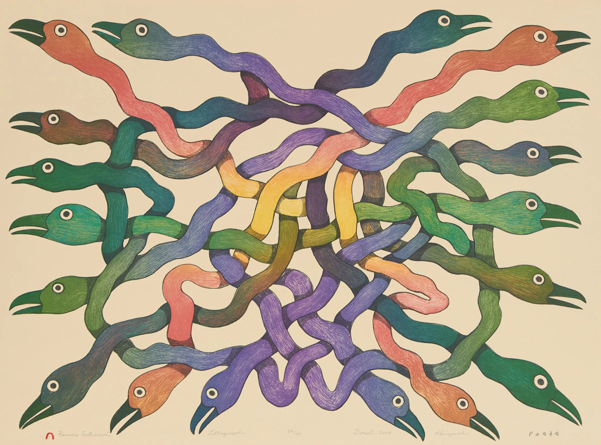 Kenojuak Ashevak, Ravens Entwined, colour lithograph, 2004