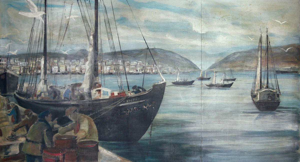 Canadian School, St. John’s Harbour, oil on three panels