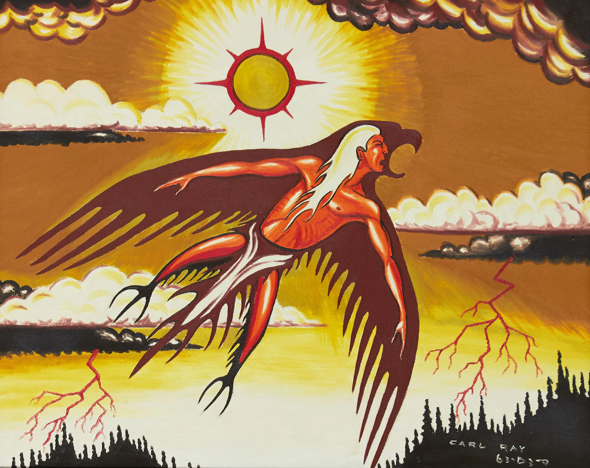 Carl Ray, The Thunderbird Man, oil on canvas board, 1968