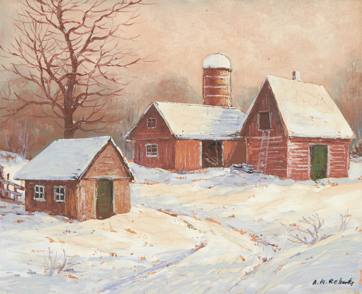 AM Roberts, Winter Farm Landscape, oil on canvas