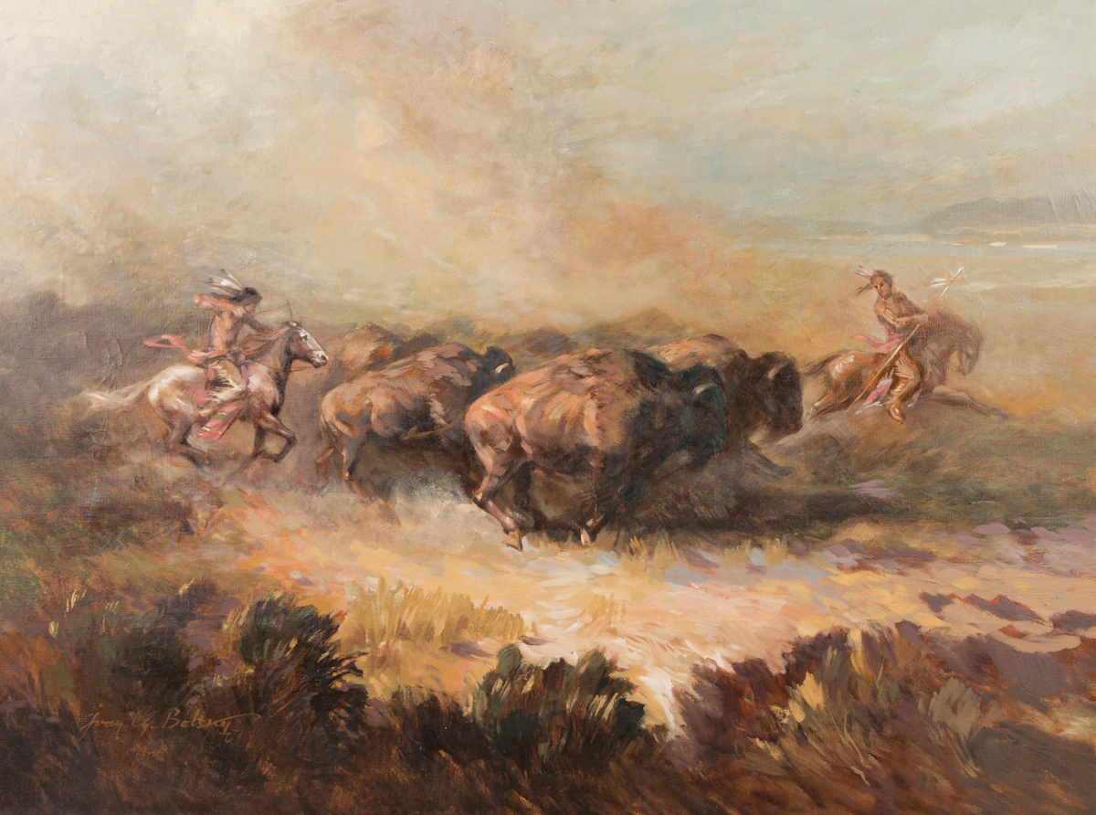 Ivan C  Belsky, Buffalo Hunt, oil on canvas