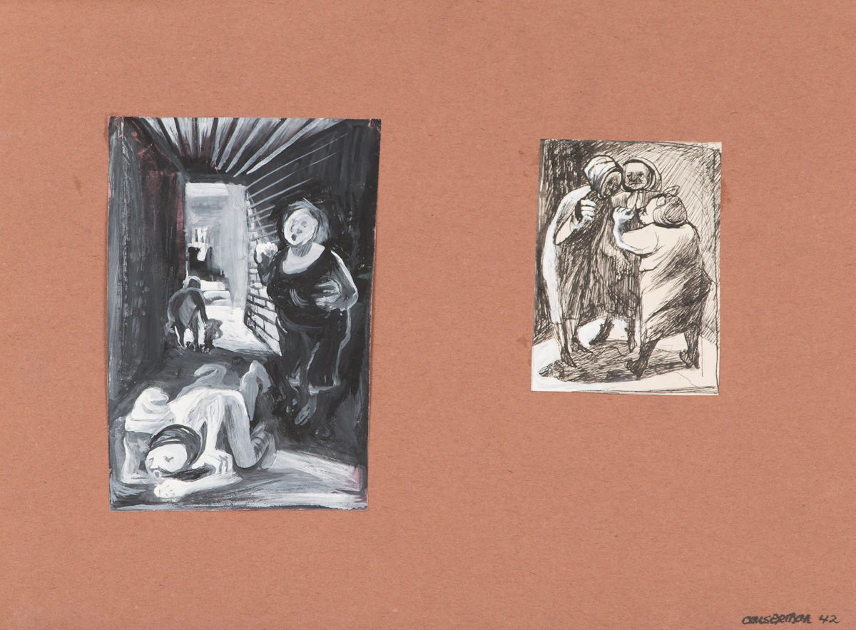 Ghitta Caiserman-Roth, Still Life of Potted Plants; Two Figural Studies, assorted media on paper (2)
