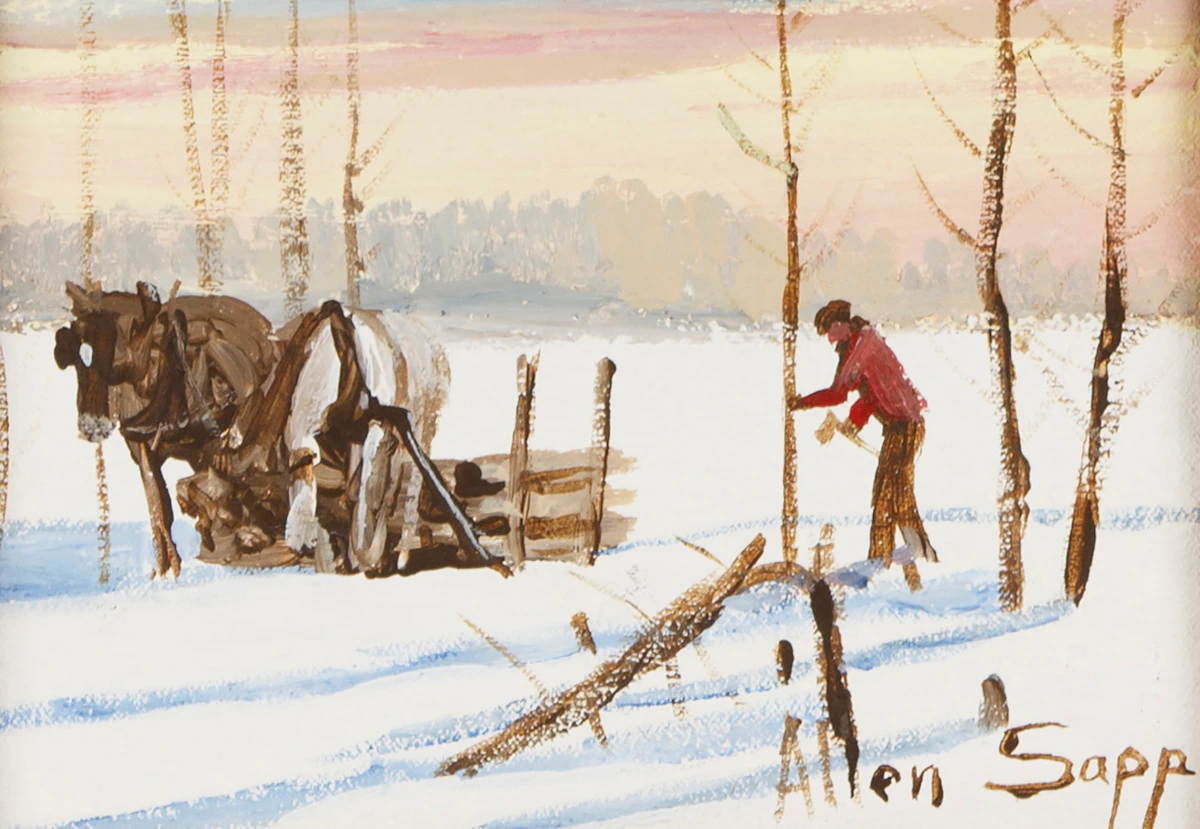 Allen Sapp, Chopping Wood, oil on canvas