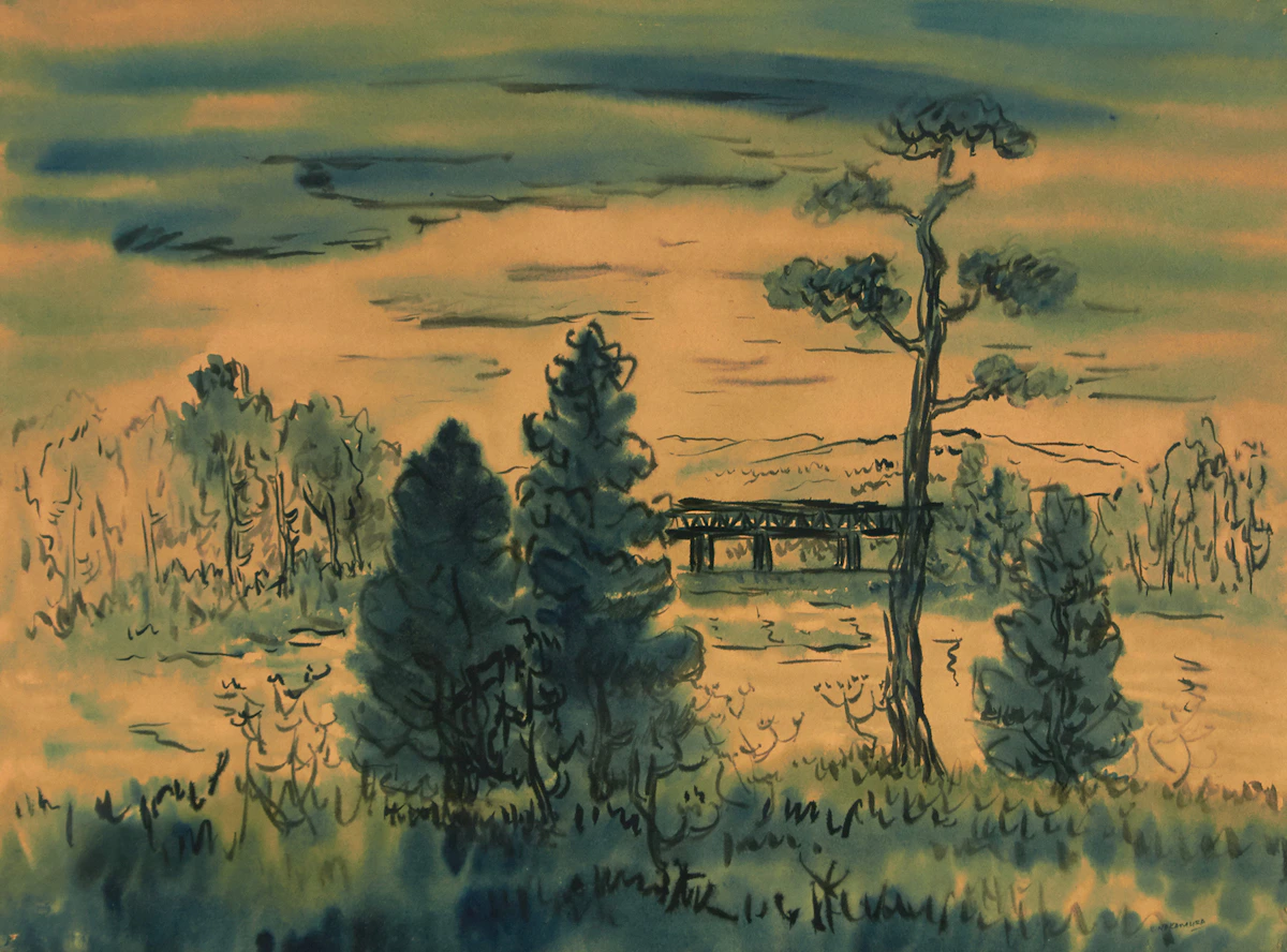 Kazuo Nakamura, Landscape with Bridge, watercolour
