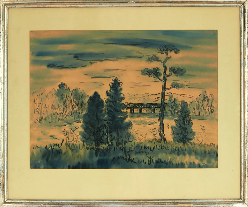 Kazuo Nakamura, Landscape with Bridge, watercolour - view 3
