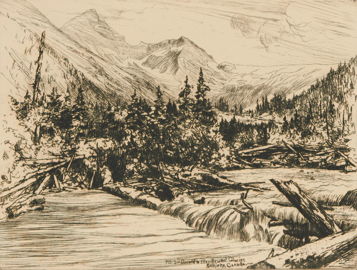 Frank Milton Armington, Mt. Sir Donald and Illecillewaet Glacier, Selkirks, Canada, etching, 1912
