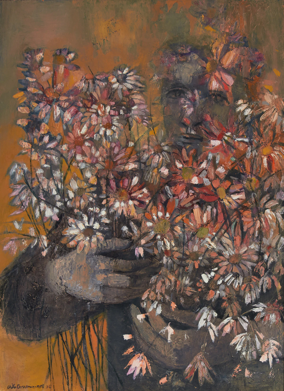 Ghitta Caiserman-Roth, Figure with Bouquet, oil on board, 1965