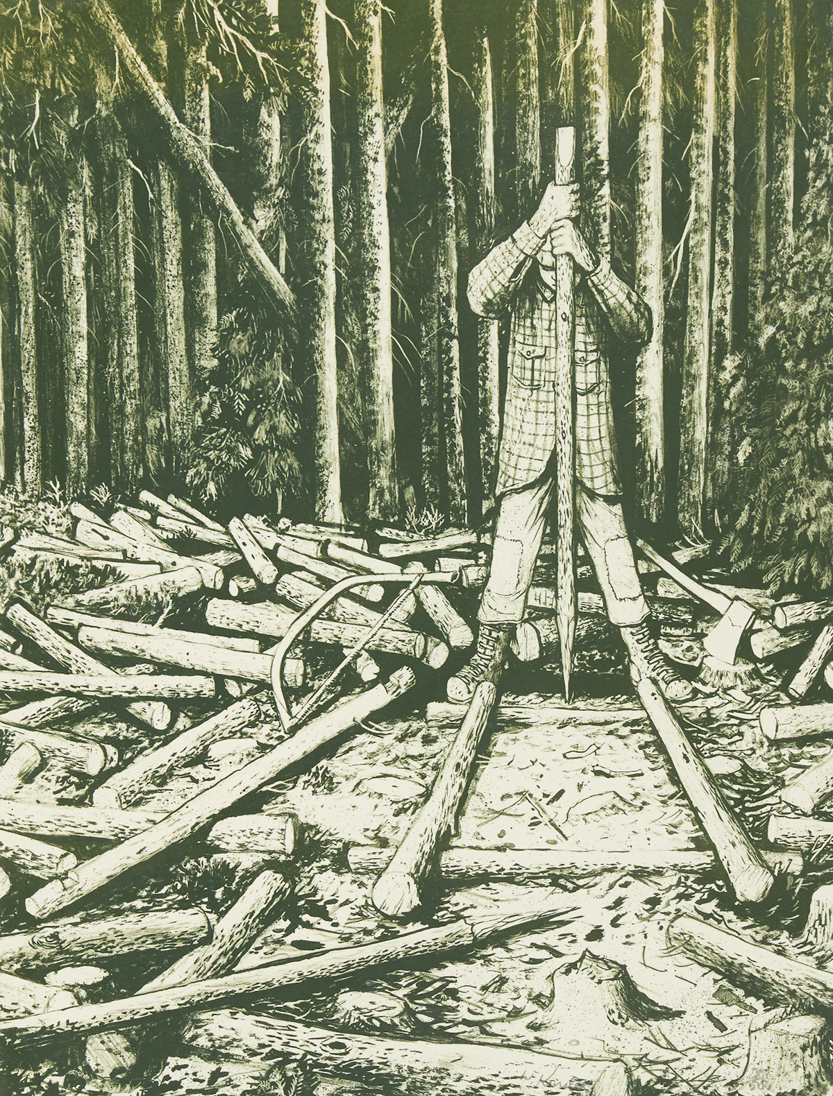 William Kurelek, Building a Cord Cradle, lithograph