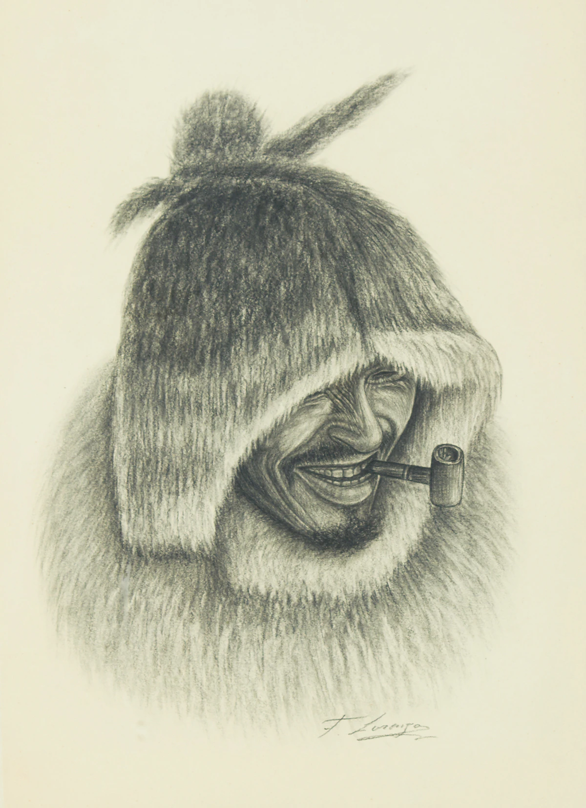 Lorenzo Fracchetti, Smoking a Pipe, charcoal drawing
