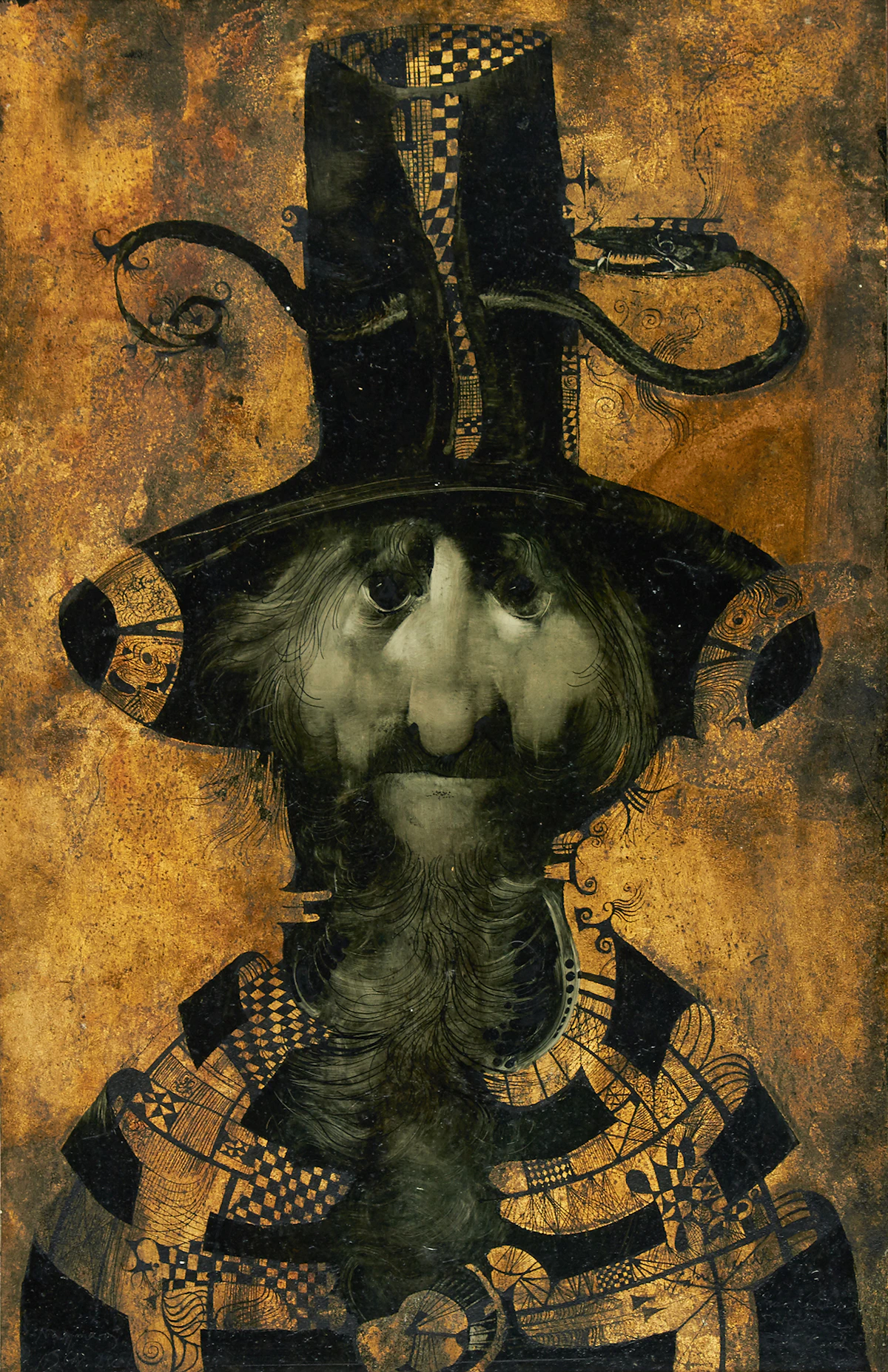 Endre Szàsz, Knight on Goldleaf, mixed media on styrene sheet
