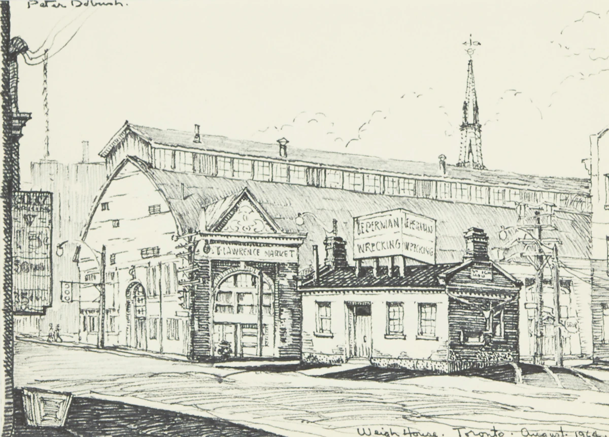 Peter Dobush, Weigh House, St. Lawrence Market, Toronto, ink drawing, 1964