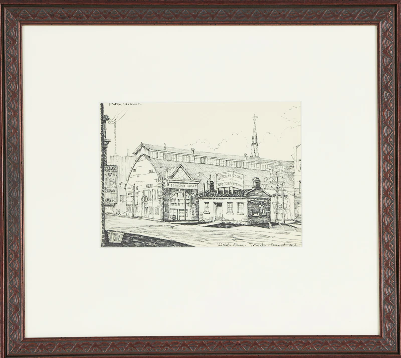Peter Dobush, Weigh House, St. Lawrence Market, Toronto, ink drawing, 1964 - view 2