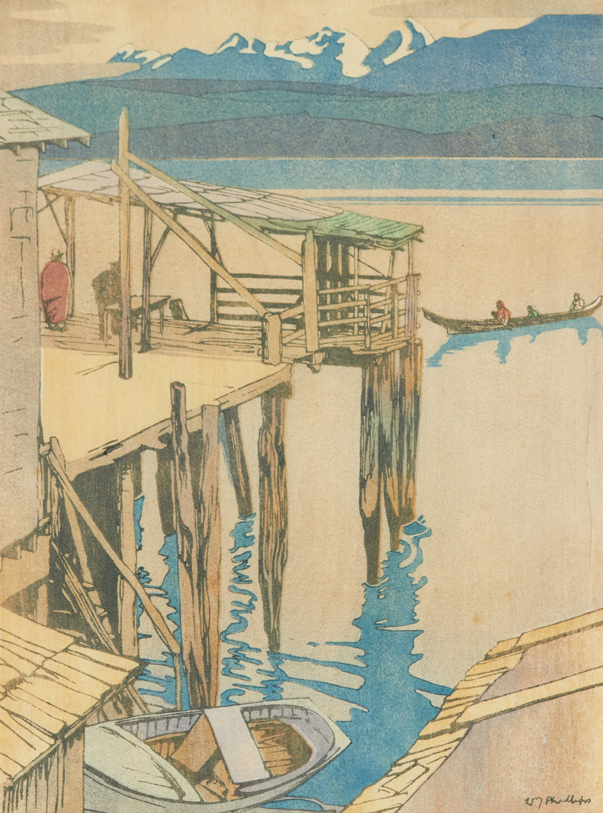 Walter Joseph Phillips, Jim King’s Wharf, Alert, B.C. , colour woodblock
