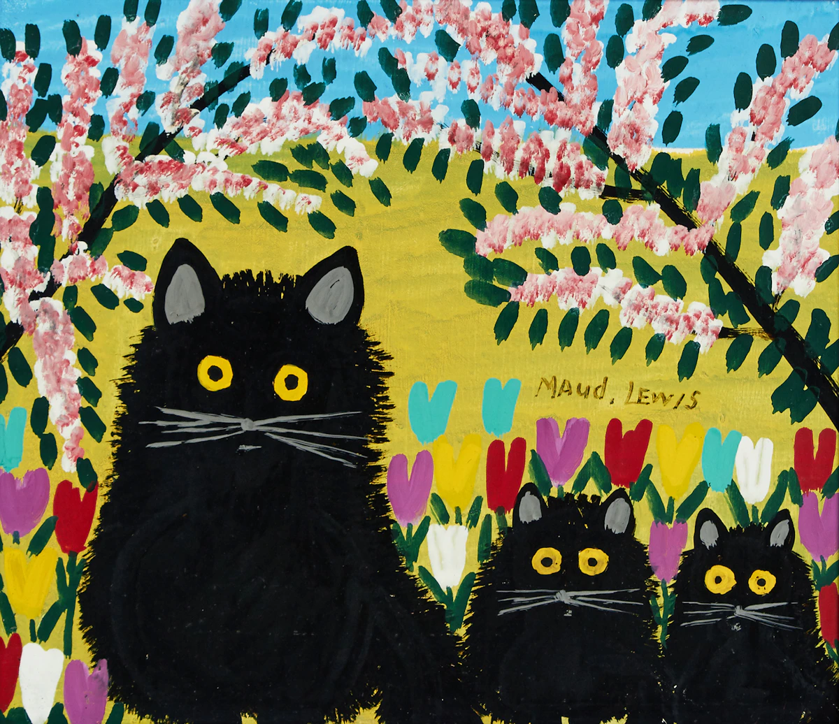 Maud Lewis, Three Black Cats, oil on masonite