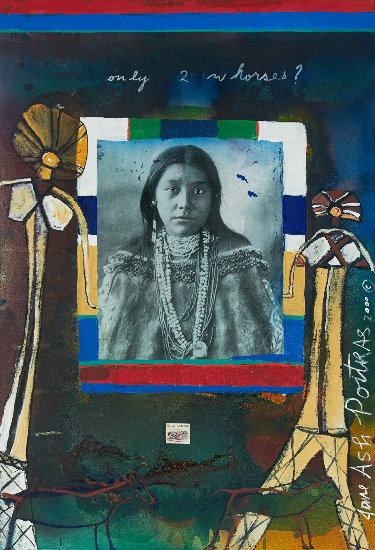 Jane Ash Poitras, Only 2 W horses?, mixed media on canvas, 2000