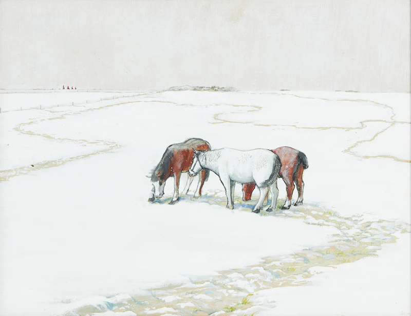 William Kurelek, Snow Showers and Horses Foraging