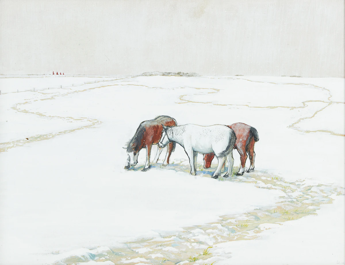 William Kurelek, Snow Showers and Horses Foraging, gouache, 1966