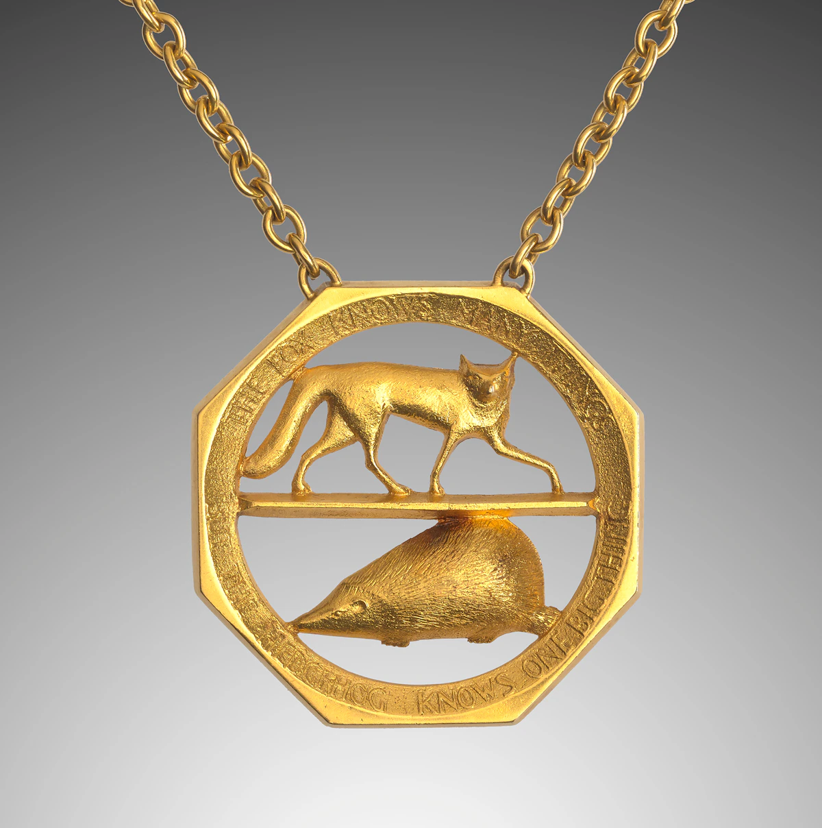 David Alexander Colville, Fox and Hedgehog, 18 carat gold medallion, 1972