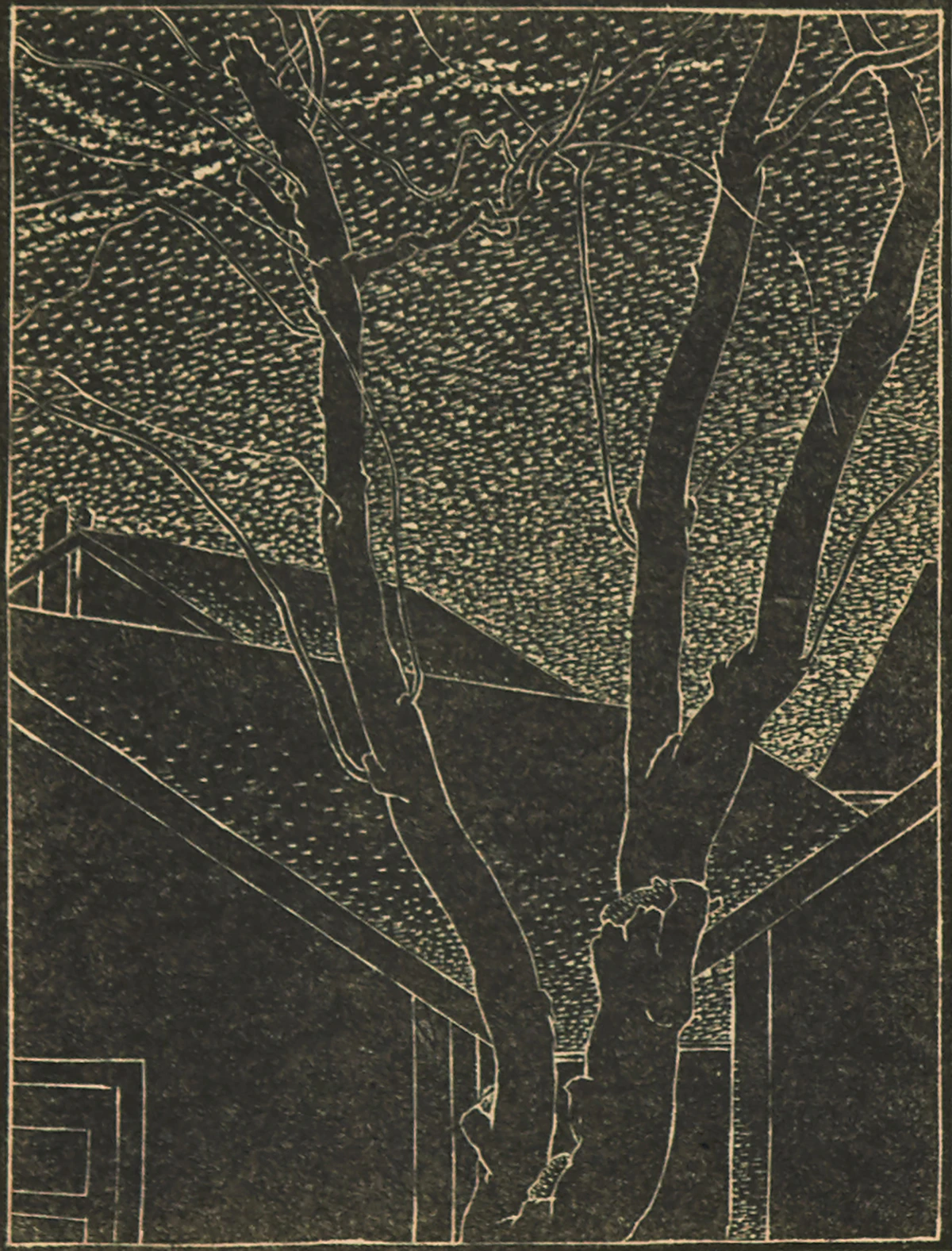 Lionel LeMoine FitzGerald, Rooftops and Trees, linocut, 1935