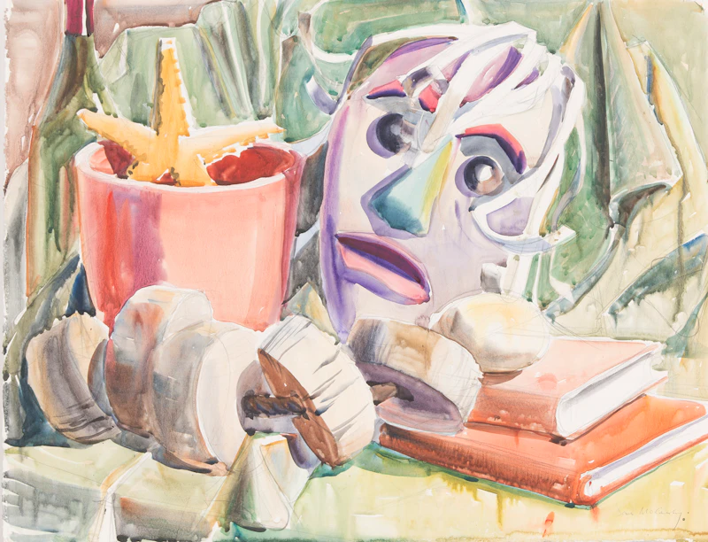 Doris Jean McCarthy, Still Life with Mask and Books; Castle Landscape; Red Houses, watercolours on paper (3) - view 1