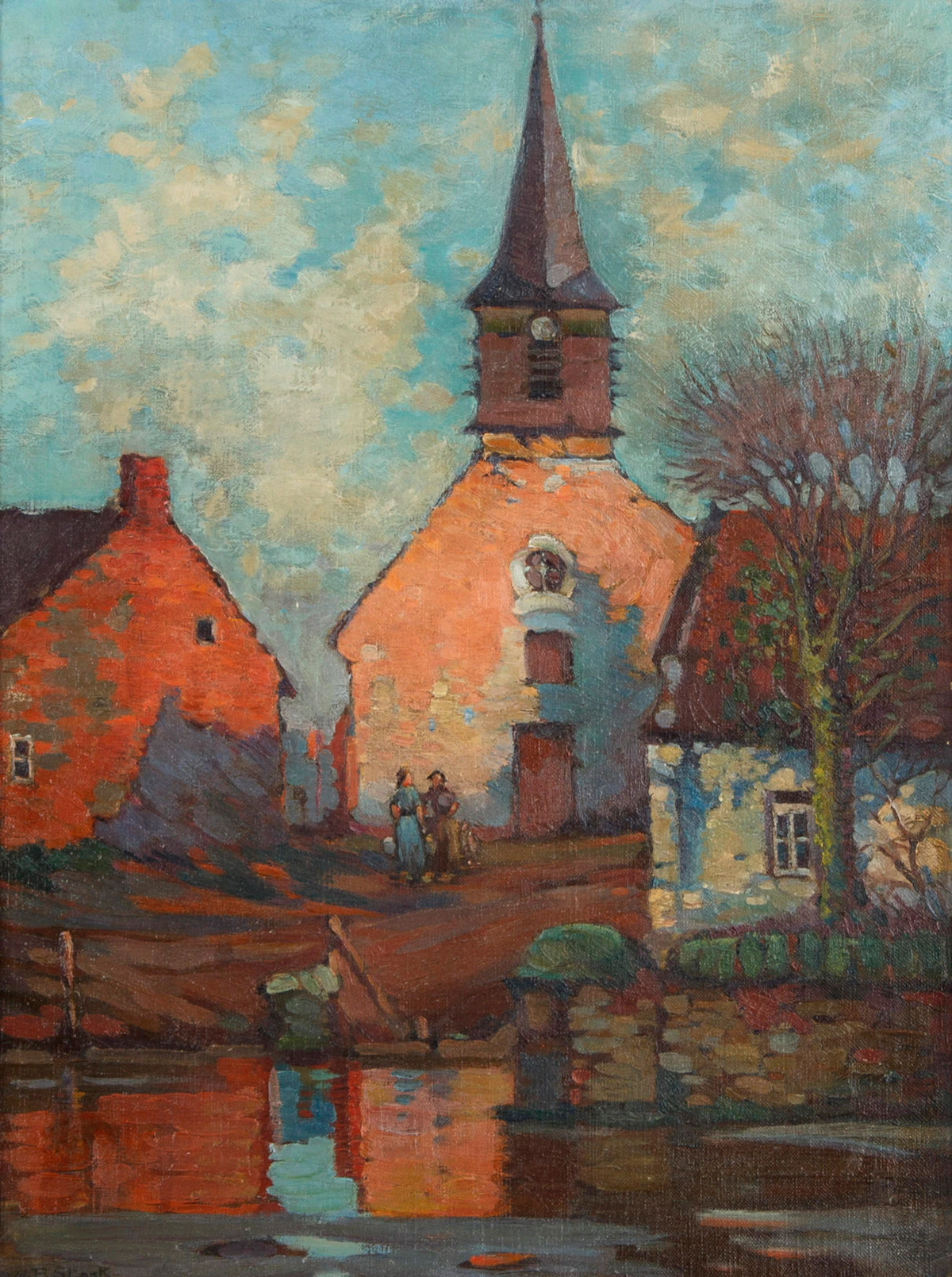William Redver Stark, Village Church Scene, oil on canvas