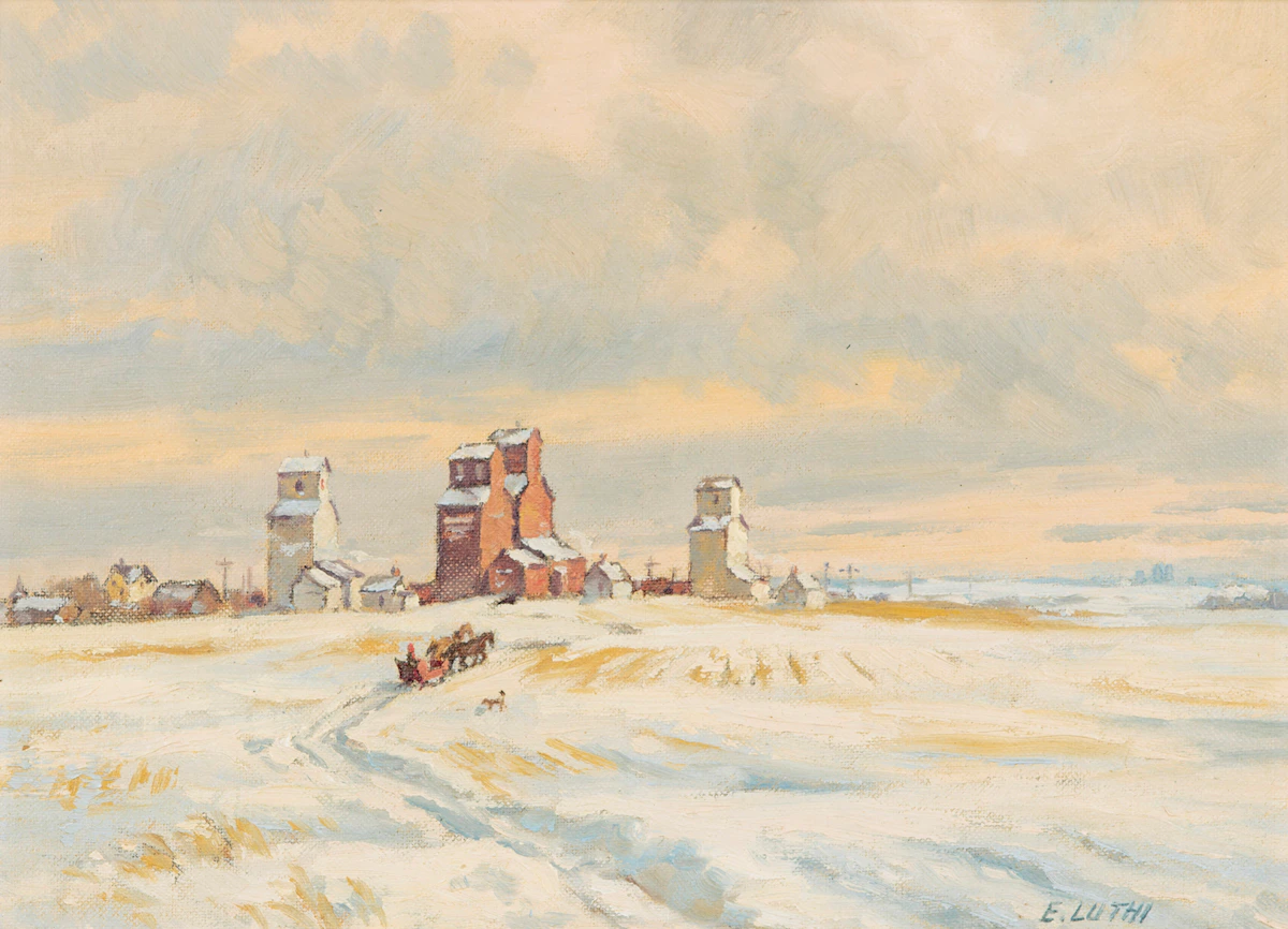 Ernest Luthi, Prairies Winter Sleighing Scene, oil on canvas board