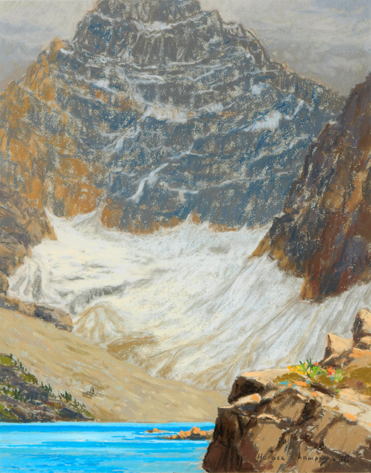 Horace Champagne, Mt. Biddle in Steptember, with Lake McArthur (Yoho National Park, B.C.), pastel, 1988