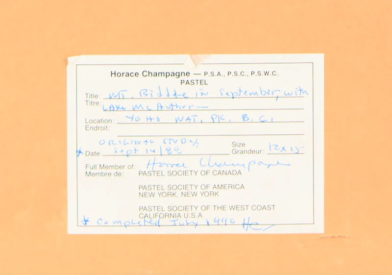 Horace Champagne, Mt. Biddle in Steptember, with Lake McArthur (Yoho National Park, B.C.), pastel, 1988 - view 3