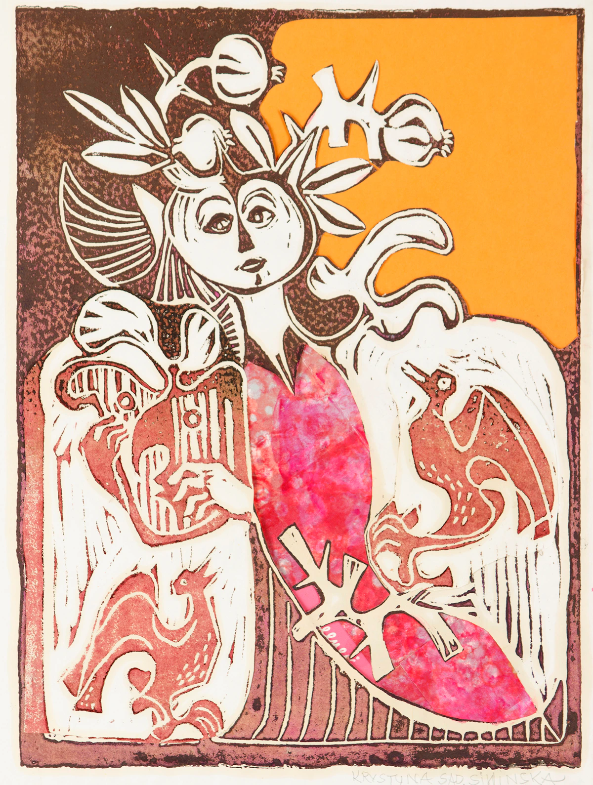 Krystyna Sadowska, Harpist with Birds, laid down on card, 1982