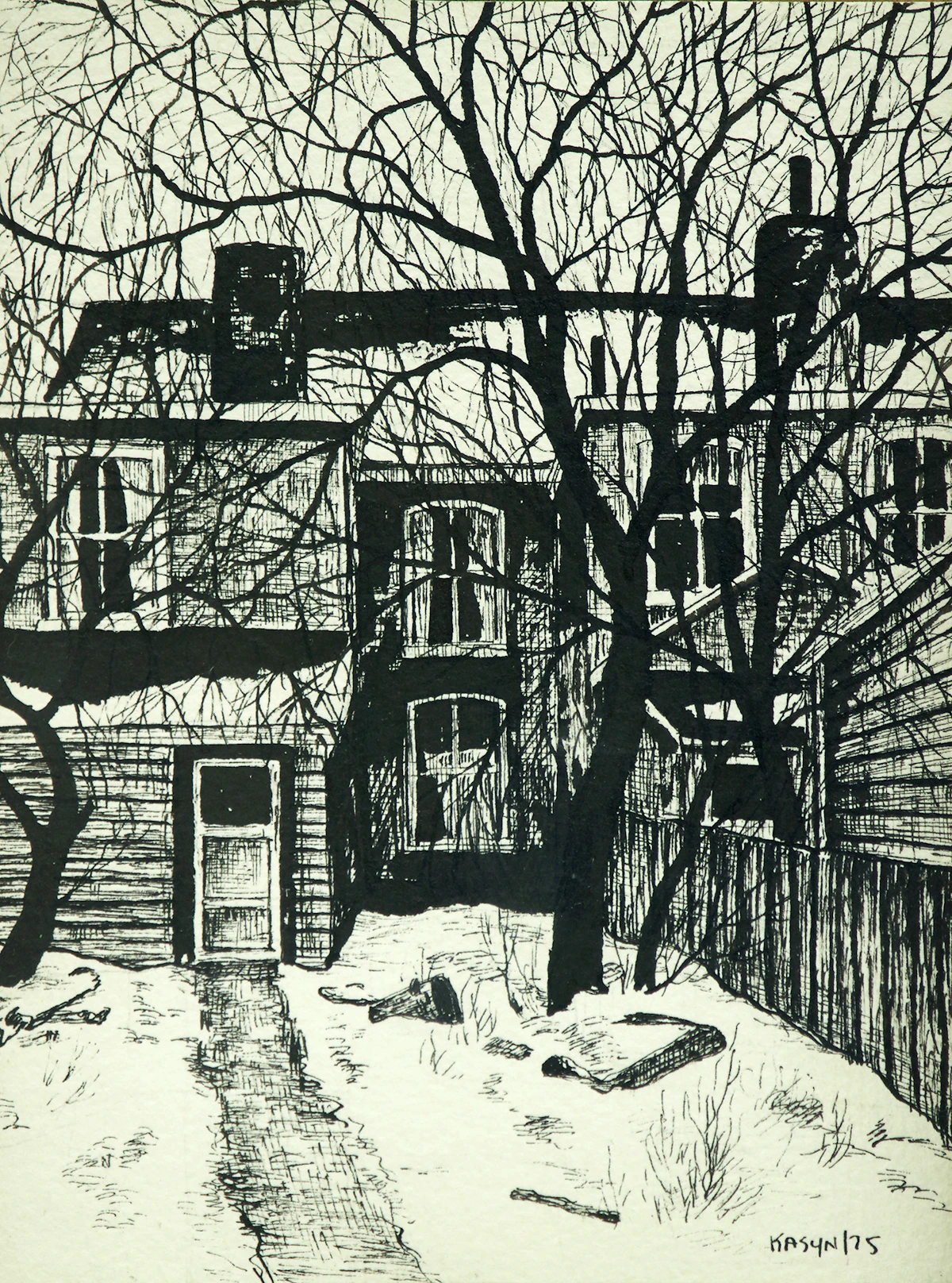John Kasyn, Behind Dovercourt Road, pen and ink drawing, 1975
