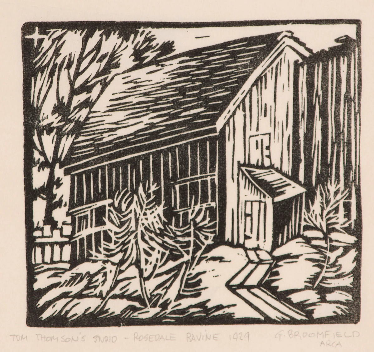 Adolphus George Broomfield, Hockey Players, Northern Ontario; Tom Thomson’s Studio - Rosedale Ravine, one etching; one linocut