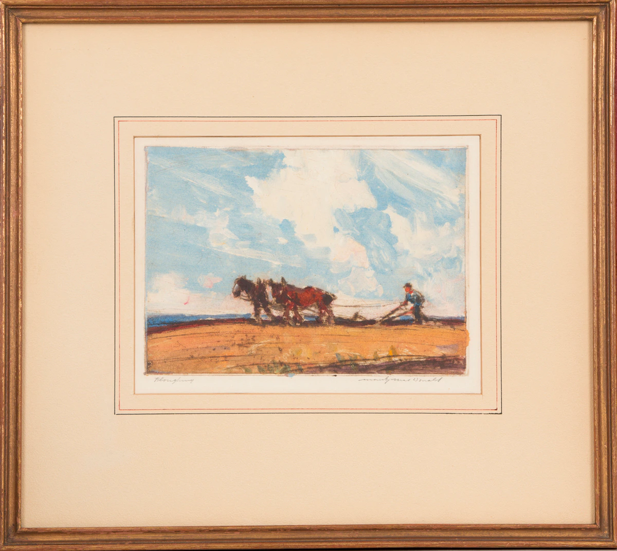 Manly Edward MacDonald, Ploughing, hand coloured etching