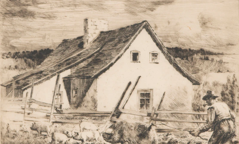 Pigs and a House, St. Féréol, P.Q. by Herbert Raine