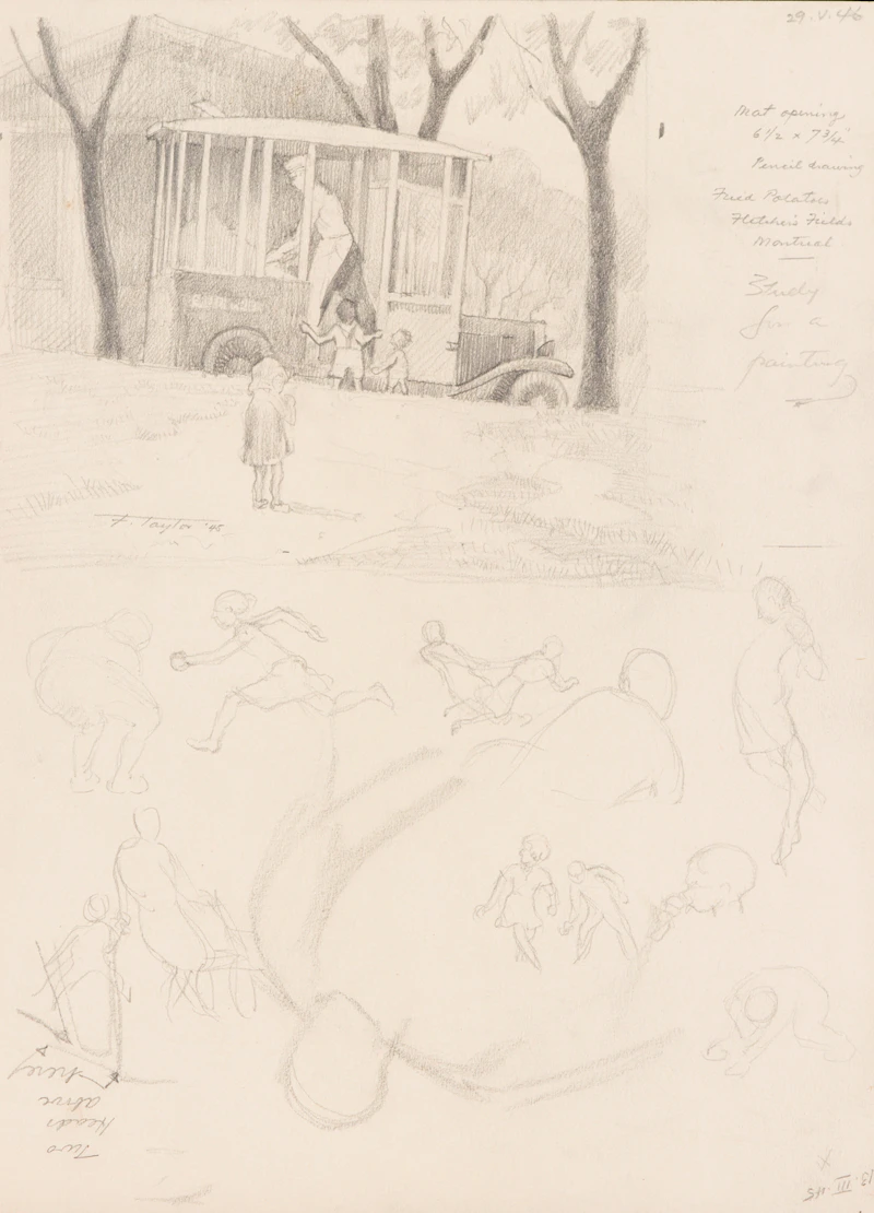 Frederick Bourchier Taylor, Beaver Hall from Dorchester St.; Fried Potatoes, Fletcher’s Fields, Montreal; Monastary; Children Playing, Montreal, pencil on paper (4) - view 2