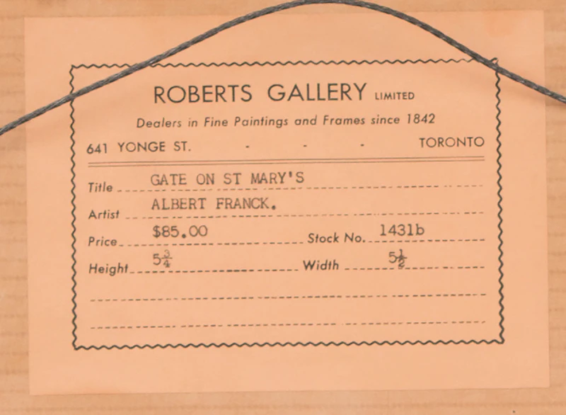 Albert Jacques Franck, Gate on St. Mary’s (Victoria College, Toronto), watercolour, 1965 - view 3