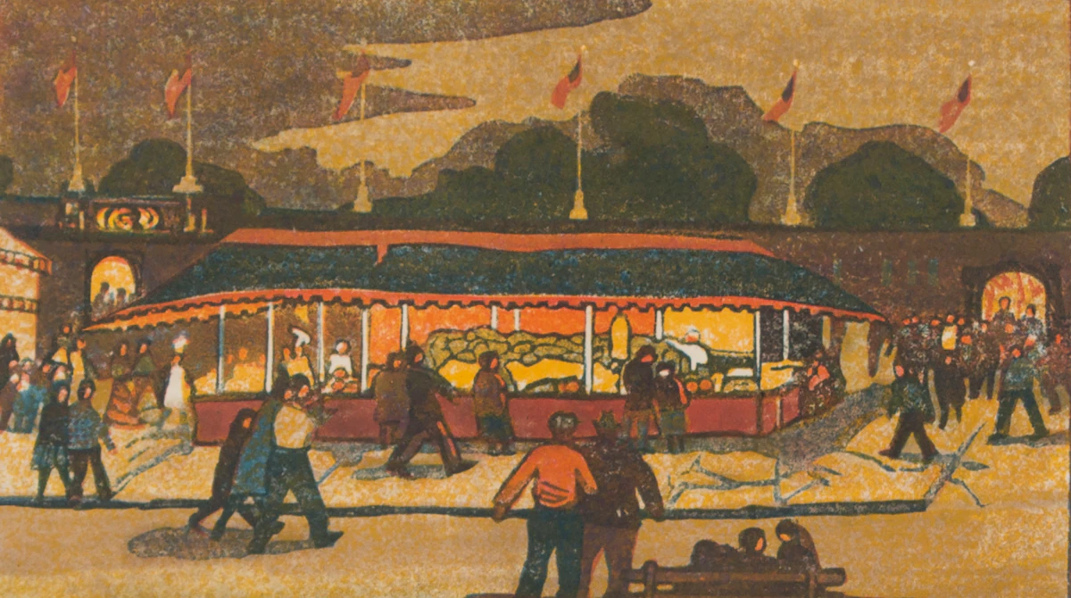 Bernice Fenwick Martin, Come to the Fair, colour linocut
