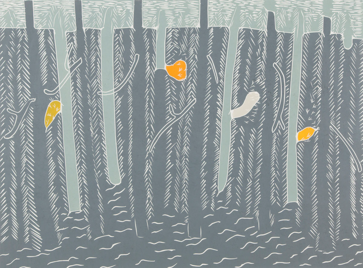 Arnold Shives, Fall Woods, colour linocut, 1980