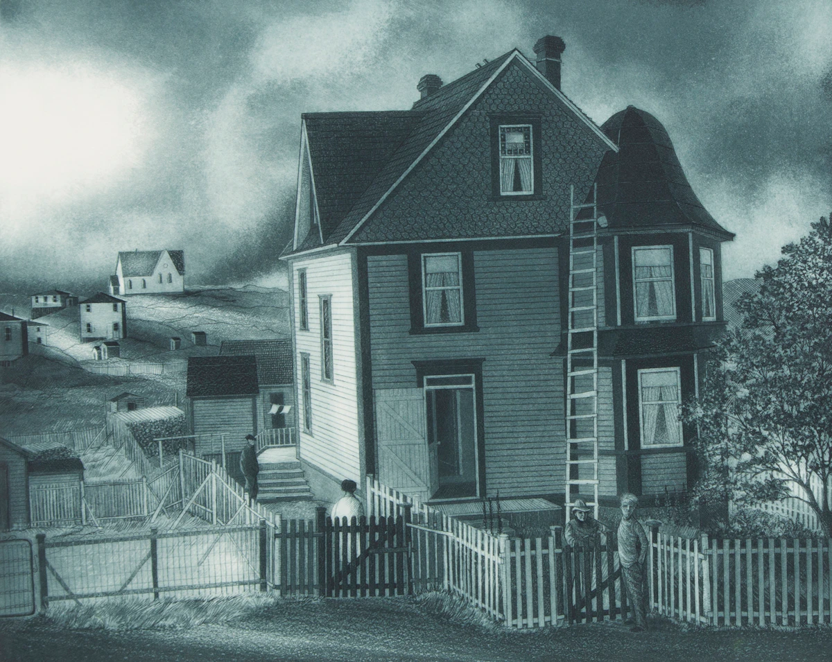 David Lloyd Blackwood, Uncle Sam Kelloway’s Place, colour etching and aquatint, 1999