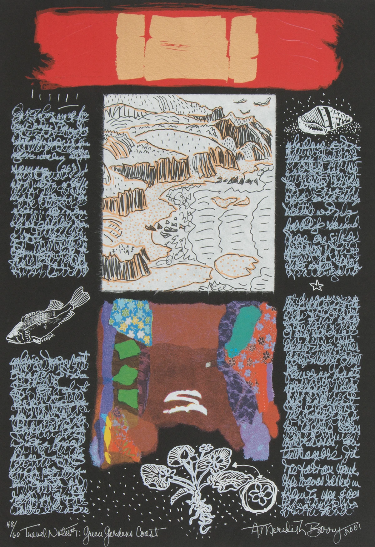 Anne Meredith Barry, Travel Notes 1: Green Gardens Coast, colour serigraph, 2001