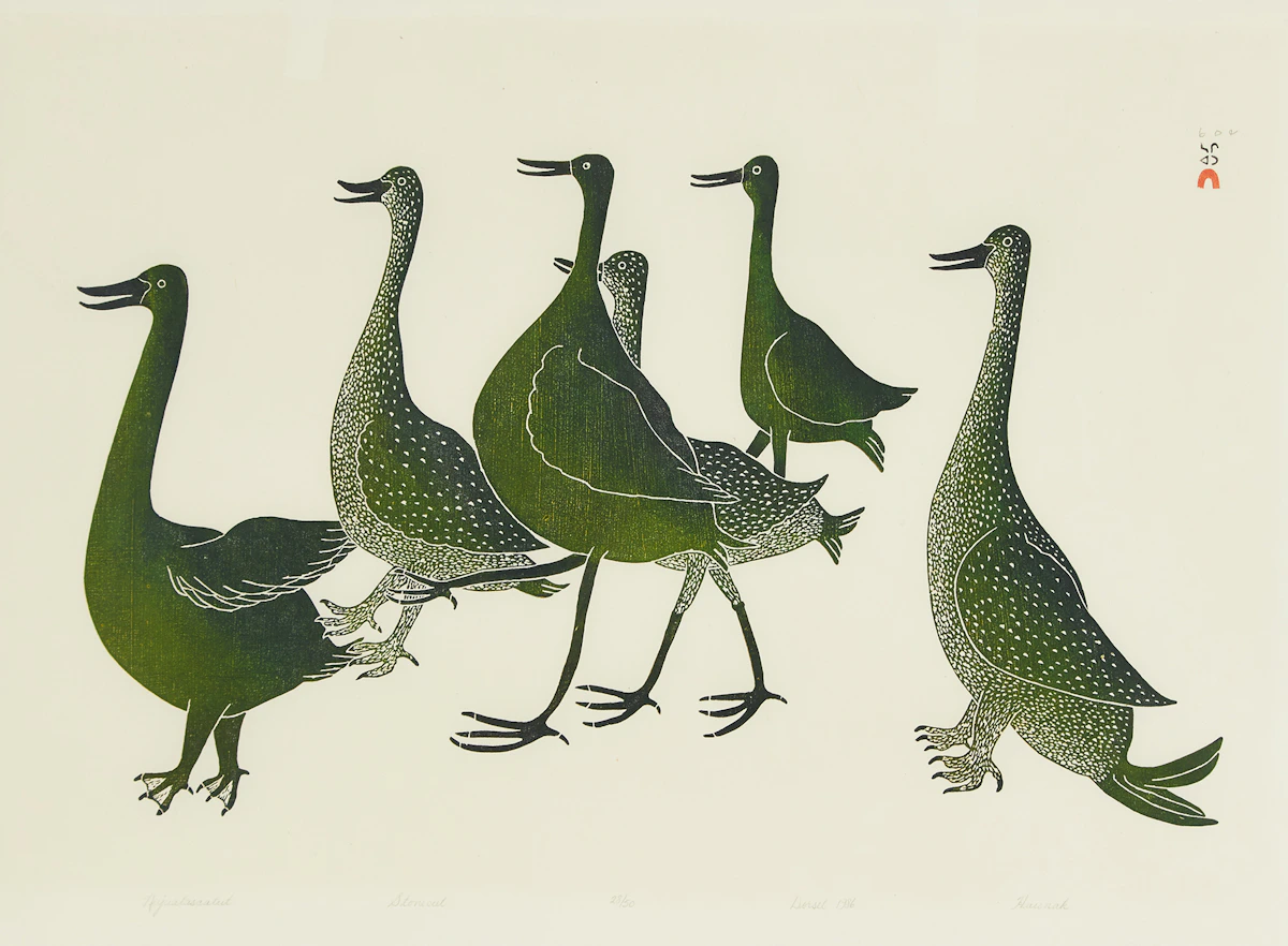 Qaunaq (Haunak) Mikkigak, Birds Ready for Flight, stonecut, 1986