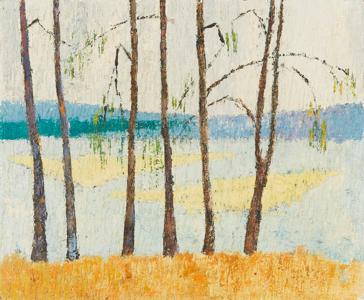 Kornel Bibor, Arbres Au Bord Du Lac, oil on board