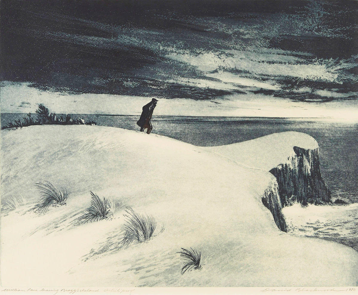 David Lloyd Blackwood, William Lane Leaving Bragg’s Island, colour etching and aquating, 1970