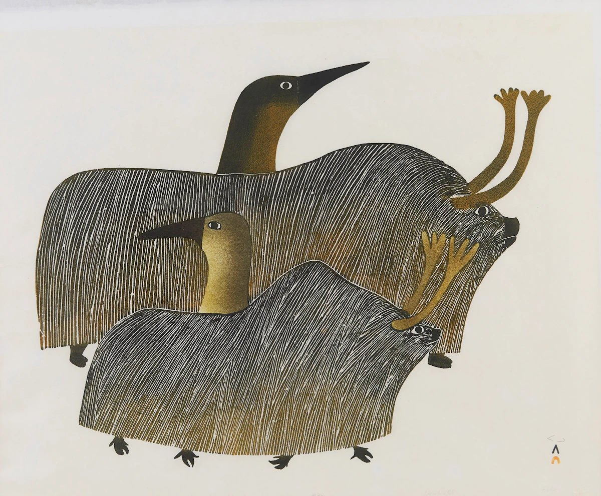 Pudlo Pudlat, Loons Among Muskox, stonecut and stencil, 1985
