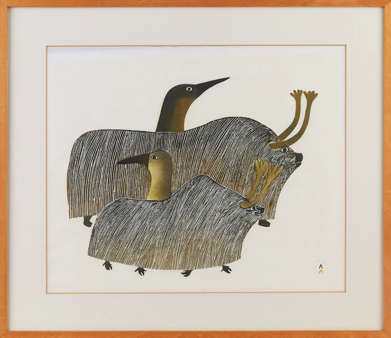 Pudlo Pudlat, Loons Among Muskox, stonecut and stencil, 1985 - view 2
