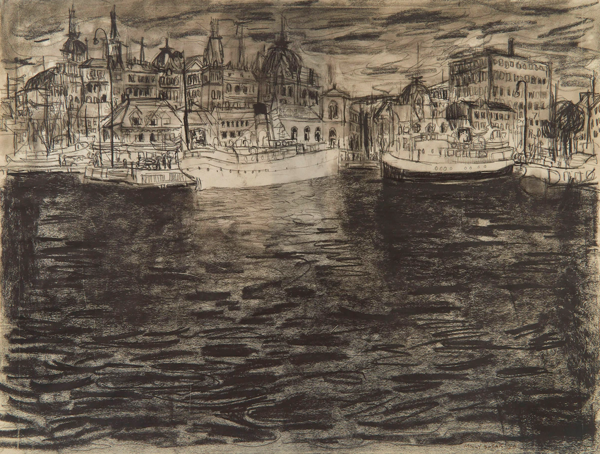 Molly Lamb Bobak, Harbour Scene, conte and ink wash