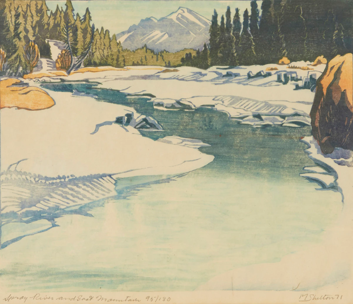 Margaret Shelton, Spray River and Goat Mountain, Banff, colour woodcut, 1971