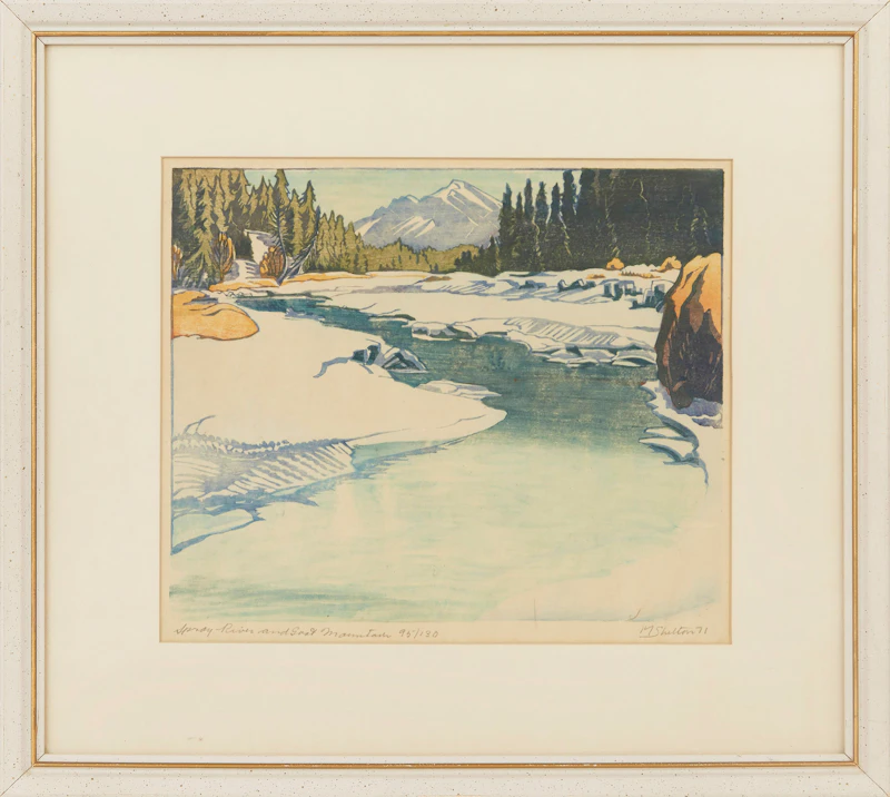 Margaret Shelton, Spray River and Goat Mountain, Banff, colour woodcut, 1971 - view 2