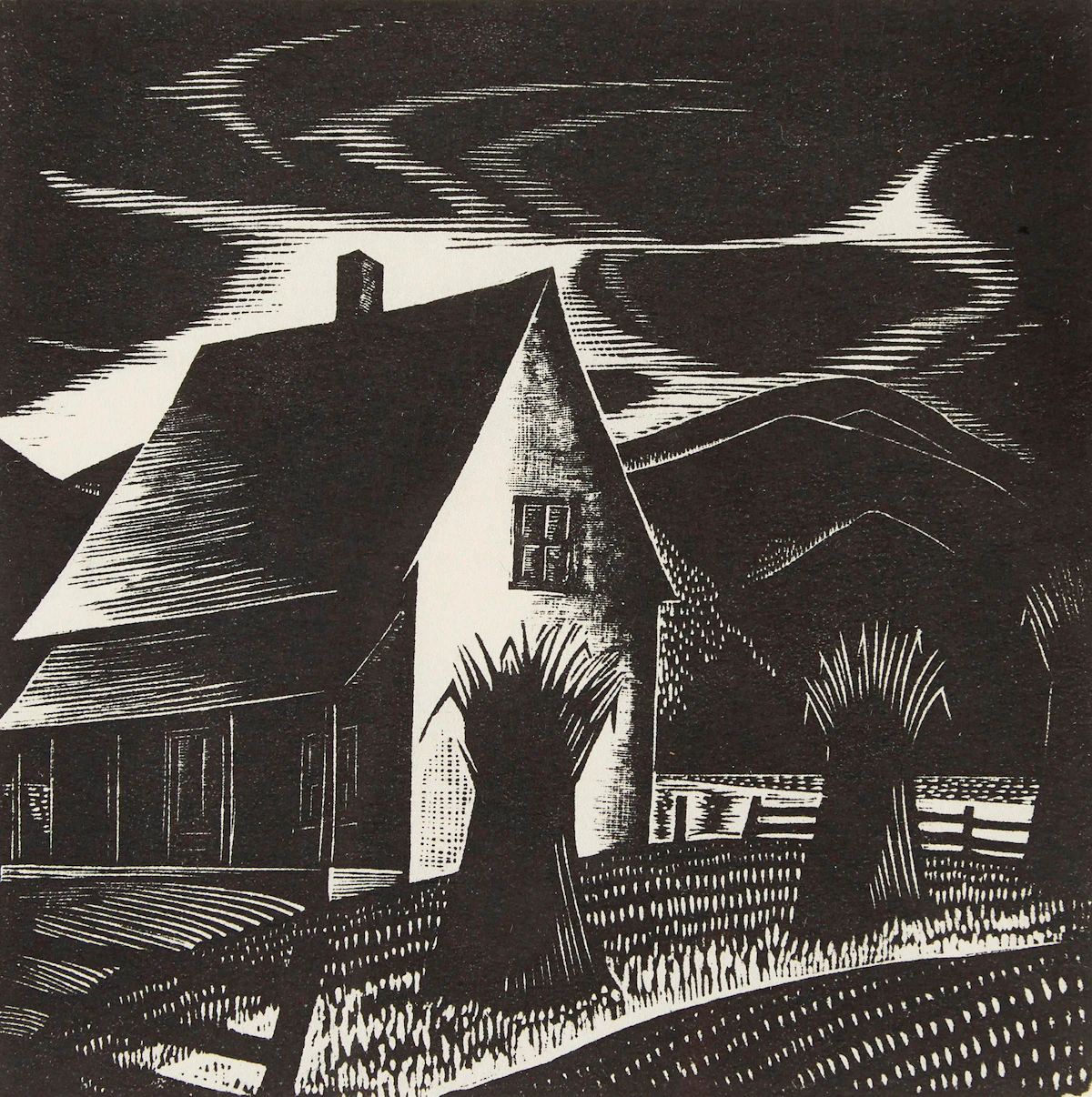 Carl Fellman Schaefer, Corn Stooks, woodcut, 1933