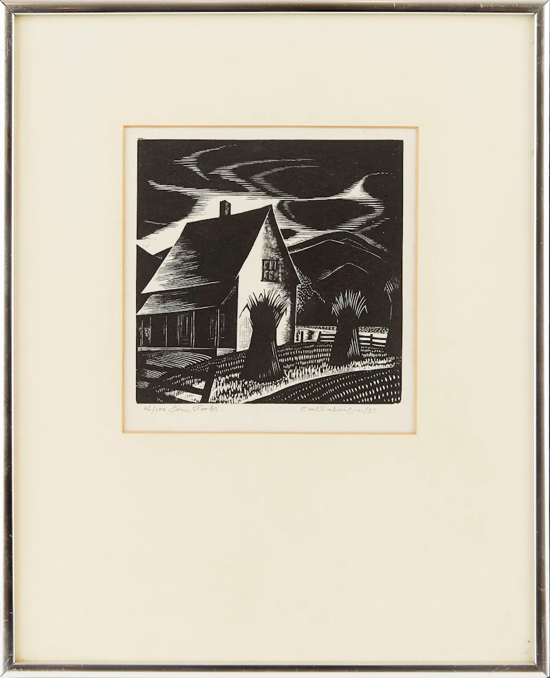 Carl Fellman Schaefer, Corn Stooks, woodcut, 1933 - view 2